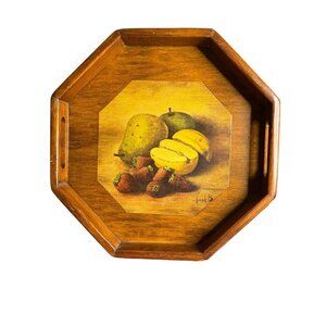 Vintage Octagonal Wooden Serving Tray With Decoupaged Still Life Print & Felt Ba